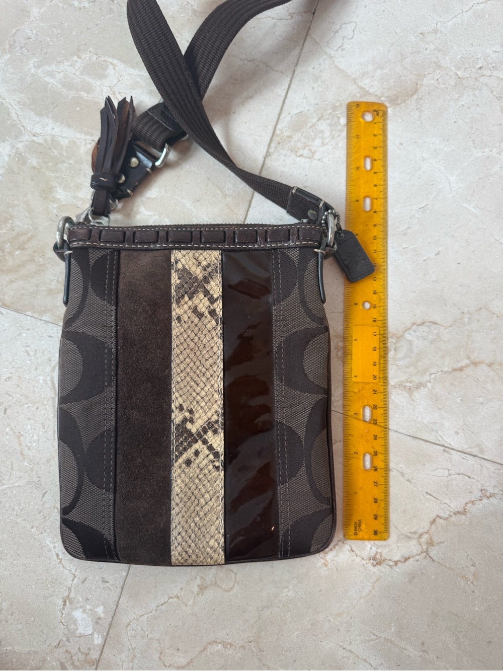 Coach Brown Signature Stripe Belt Bag with Patent and Snakeskin Panels
